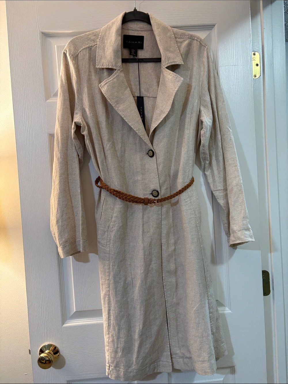 Tahari Neutral Beige Button-Front Linen-Blend Dress or lightweight coat Medium